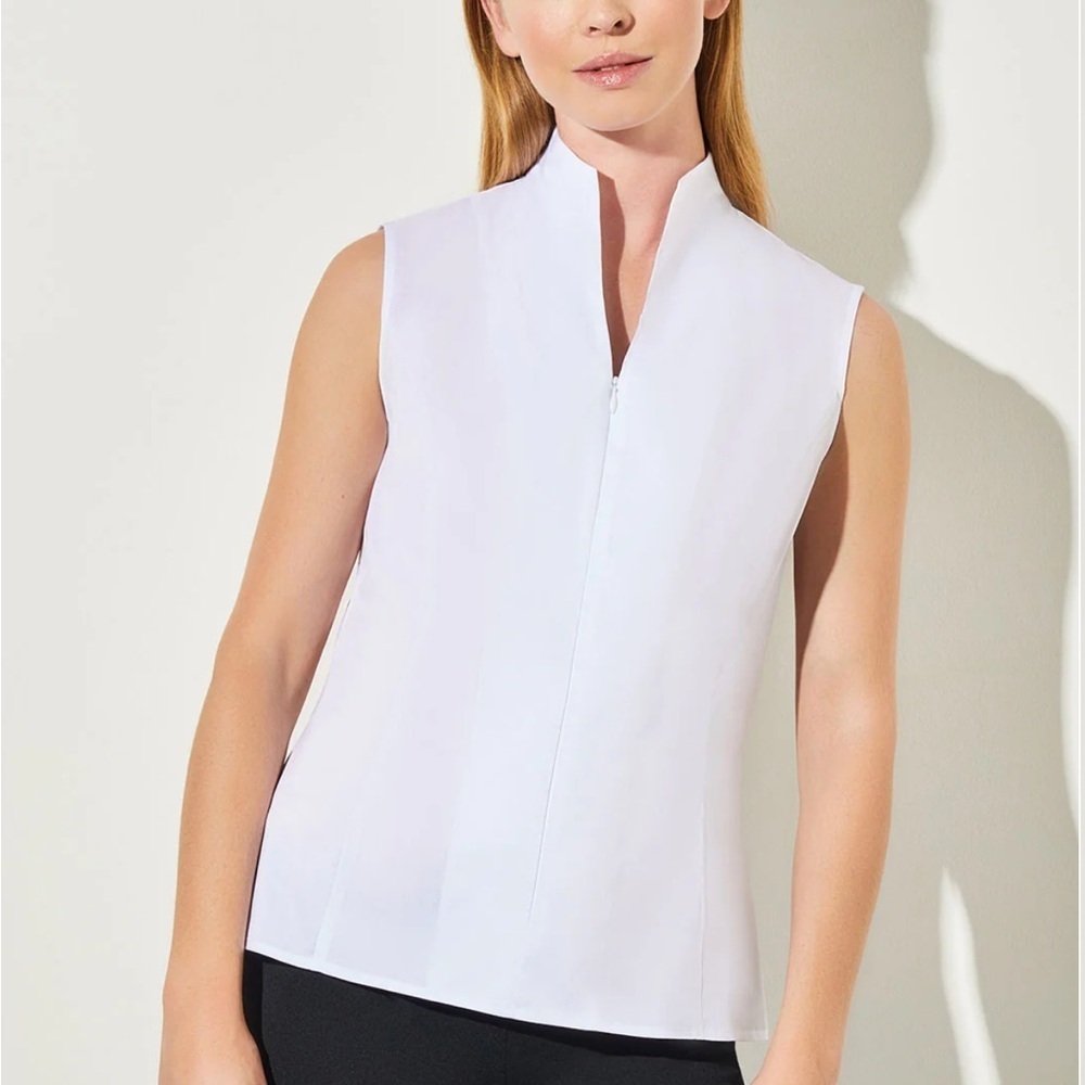 Ming Wang Sleeveless Zip-Up Stretch Cotton Shirt, White